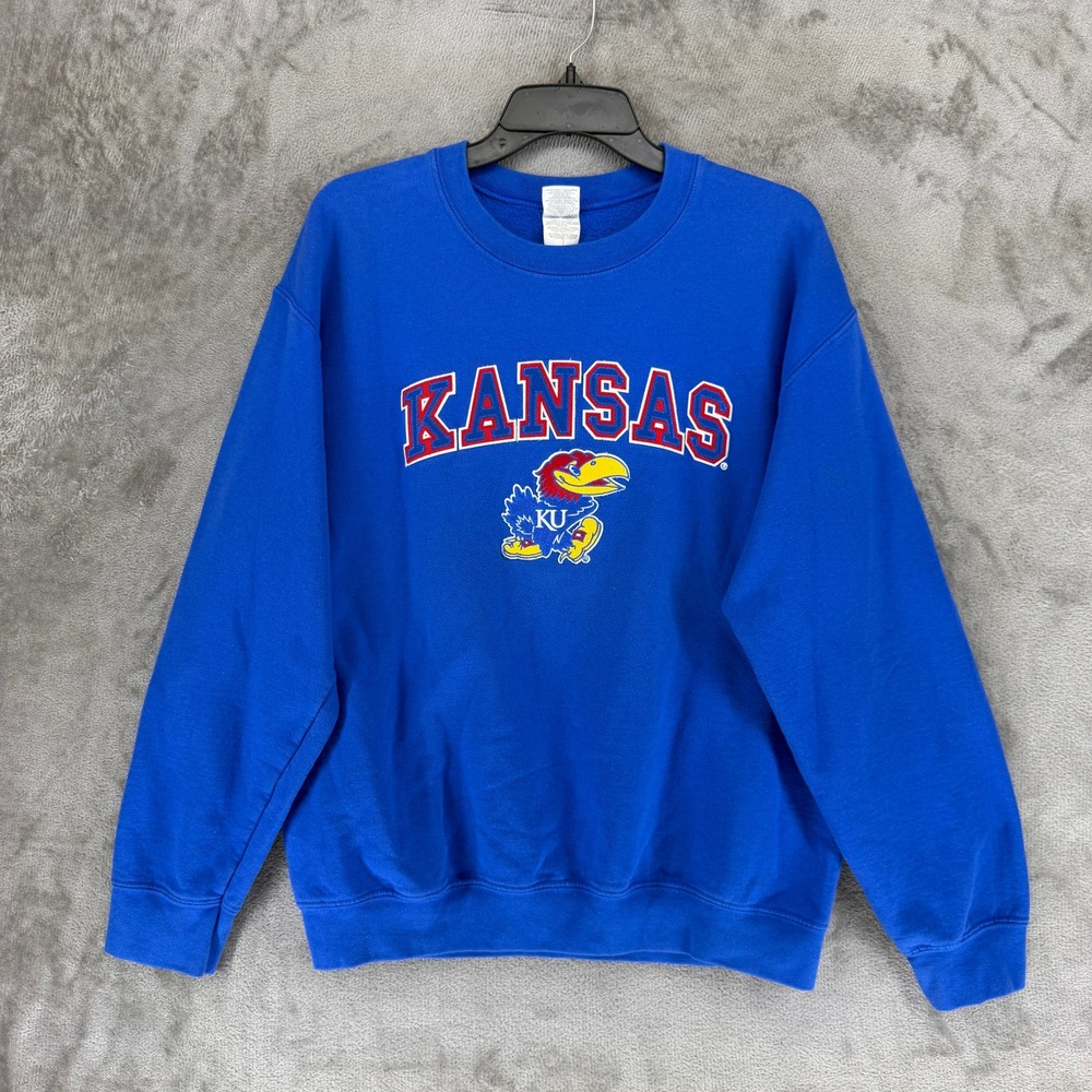 Gildan Kansas Jayhawks Sweatshirt Mens Medium Blue Crewneck Heavy Blend 24728